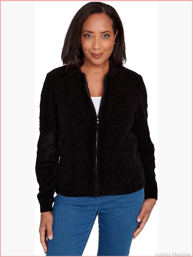 Womens Zip-Front Chenille Collared Cardigan Sweater Long Sleeve Regular Fit